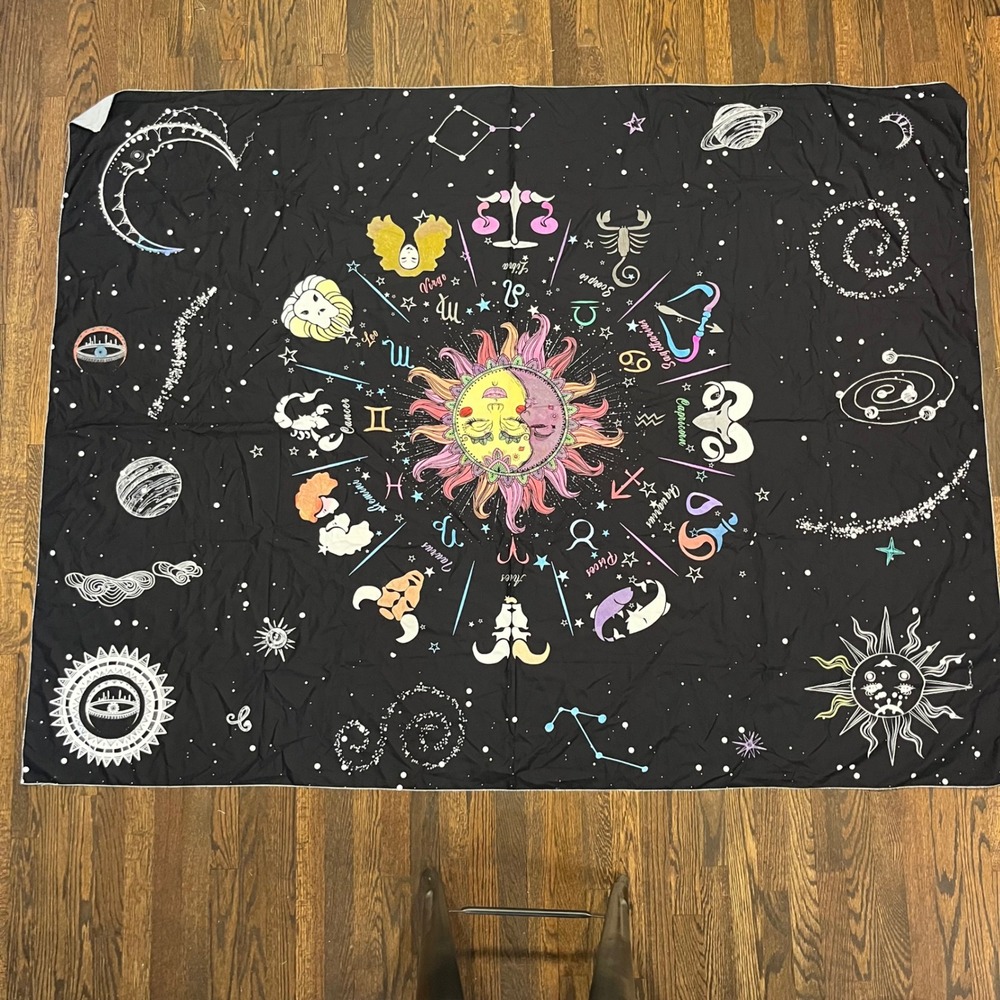 Zodiac Celestial Tapestry Sun Moon Astrology Wall Hanging Black 79x59 Boho Decor